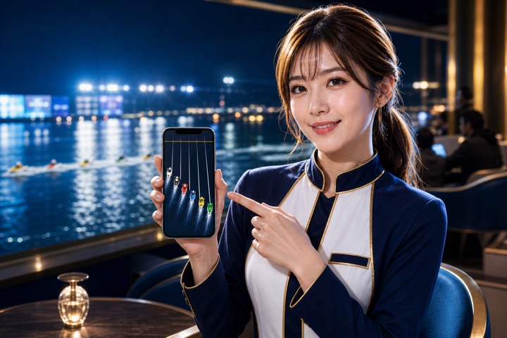 女性ナビゲーターがBoatSimの3Dレースを紹介するイメージ